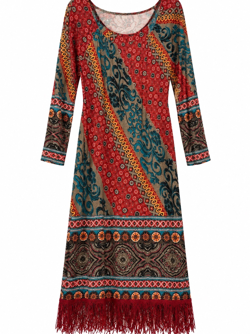 Honeyme Red Teal Patterned Long Sleeve Fringe Hem Dress Boho Western Chic